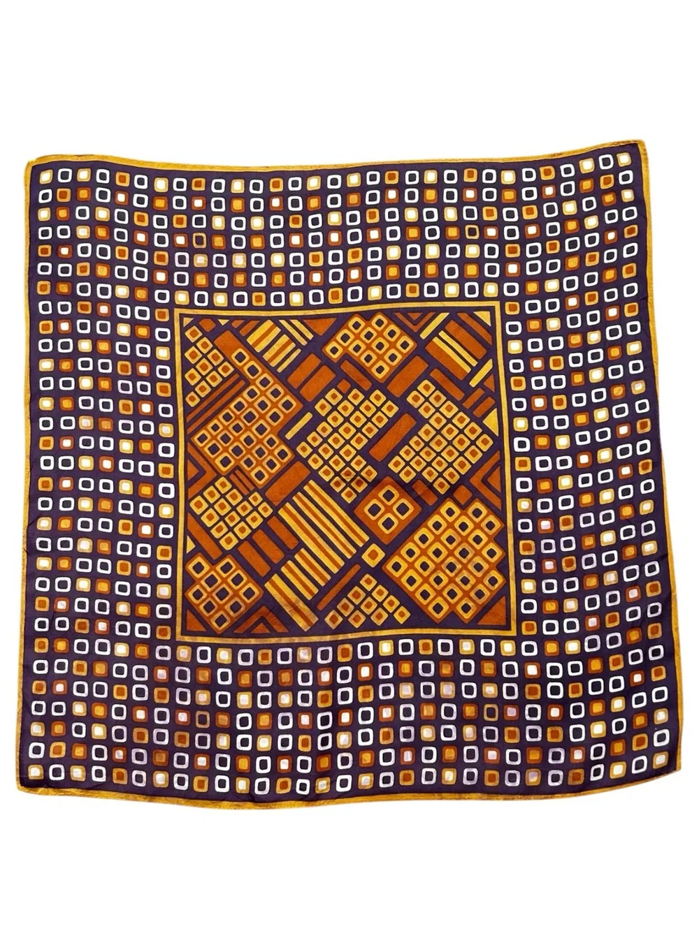 Vintage Mod Geometric Square Scarf Brown Orange Retro Silk Scarf